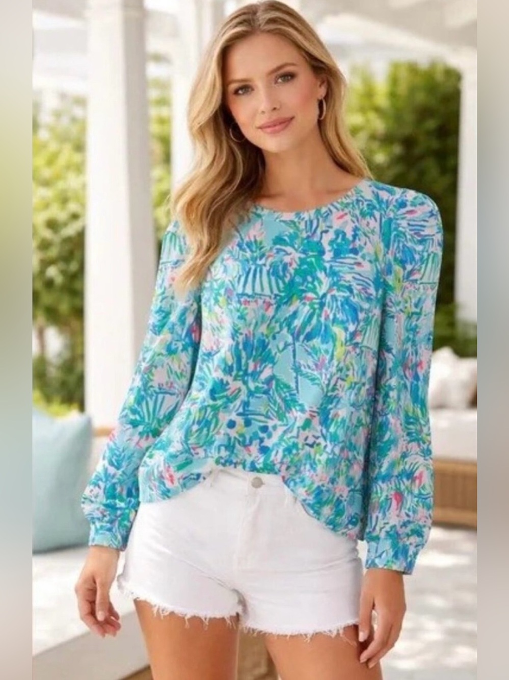 Lilly Pulitzer Jansen Long Sleeve SWE Blue Ibiza Cabana Cocktail Xl - Picture 3 of 5